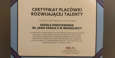 Otrzymaliśmy Certyfikat Placówki Rozwijającej Talenty